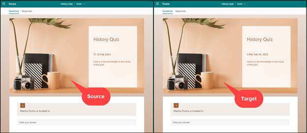 Example of Source vs Target Quiz after migration.