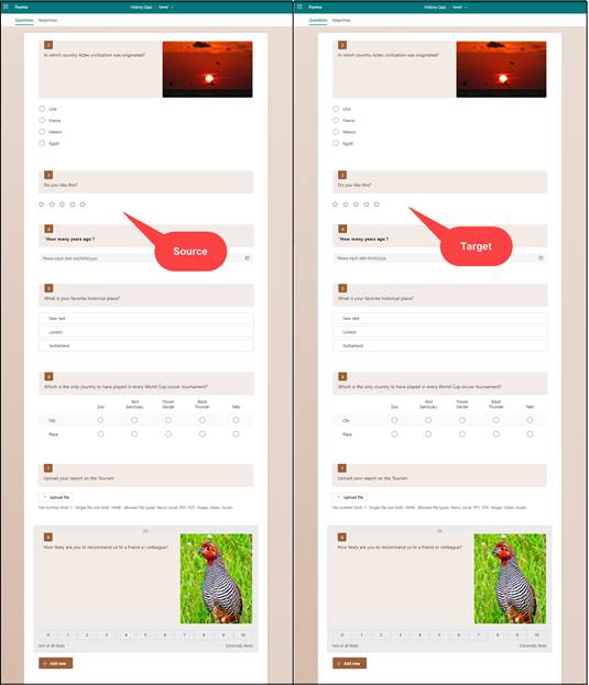 Example of Source vs Target Quiz question view after migration.