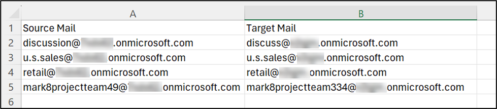 Example CSV file for group mapping in tenant-to-tenant Power Automate Flow migration.