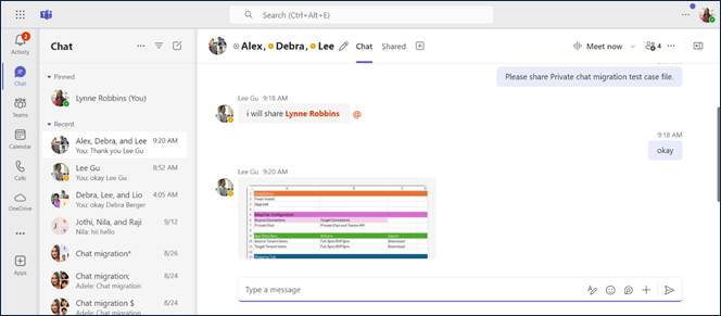 Microsoft Teams group chat conversation in the Source Tenant
