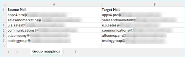 Example CSV file for group mapping in tenant-to-tenant Power BI migration.