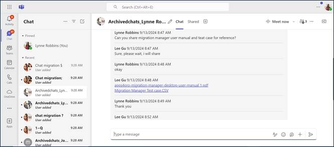 Office 365 Teams one-on-one chat conversation in the Target tenant