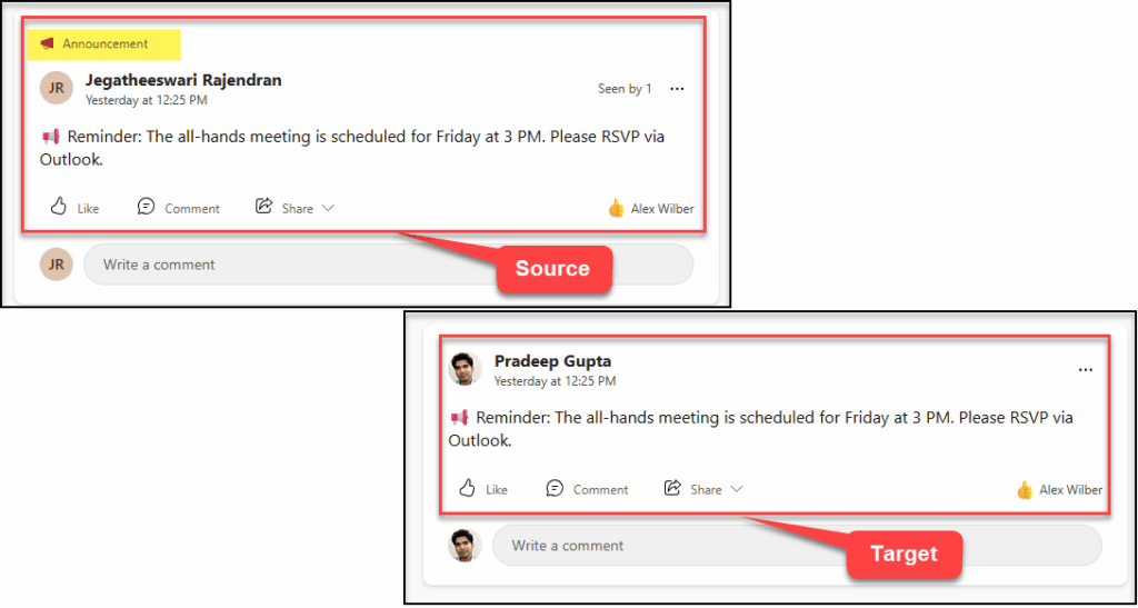 Yammer announcement in the source vs. the target tenant, illustrating that announcements migrate as normal posts.