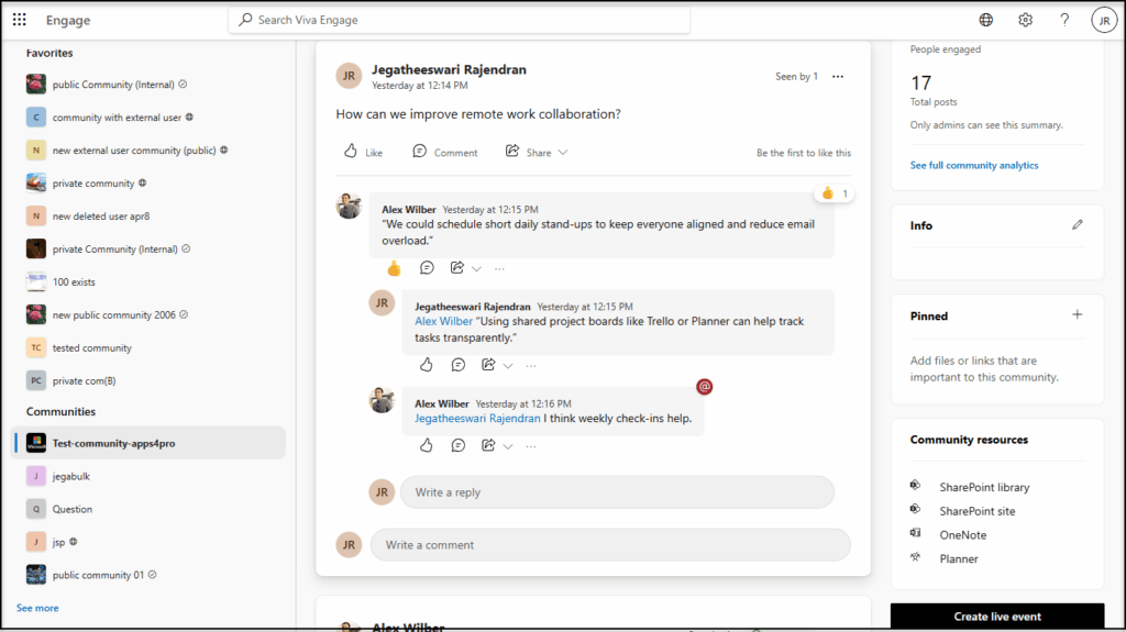 Viva Engage (Yammer) community post in the source tenant before migration.