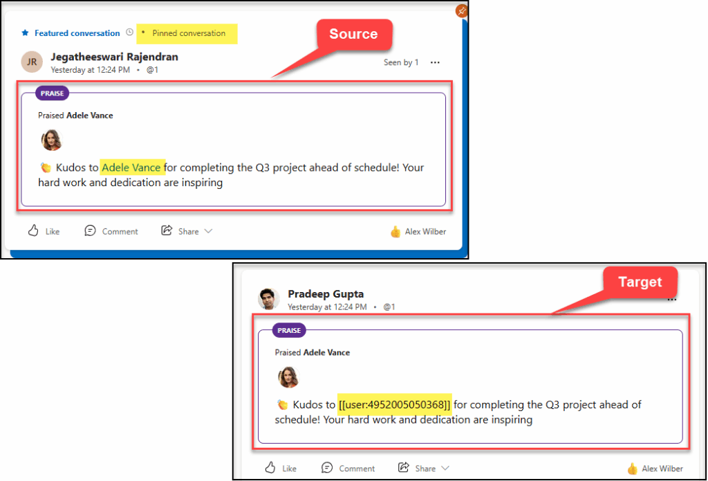 @mention in Praise message in the source vs. the target tenant.
