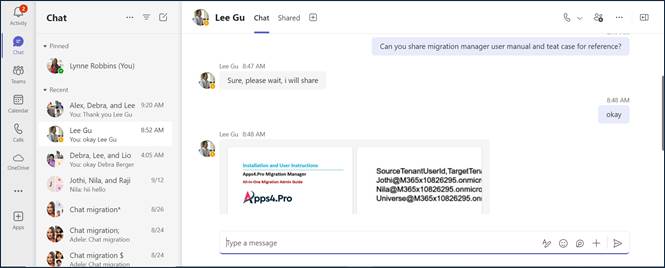 Microsoft Teams one-on-one chat conversation in the Source Tenant