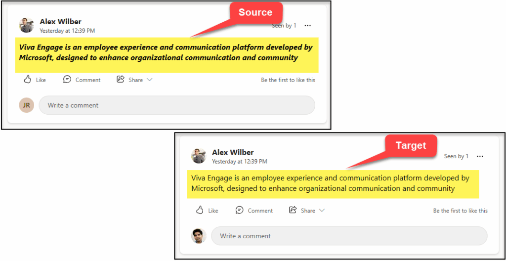 comparing text formatting in a Yammer post before vs. after migration, highlighting differences.