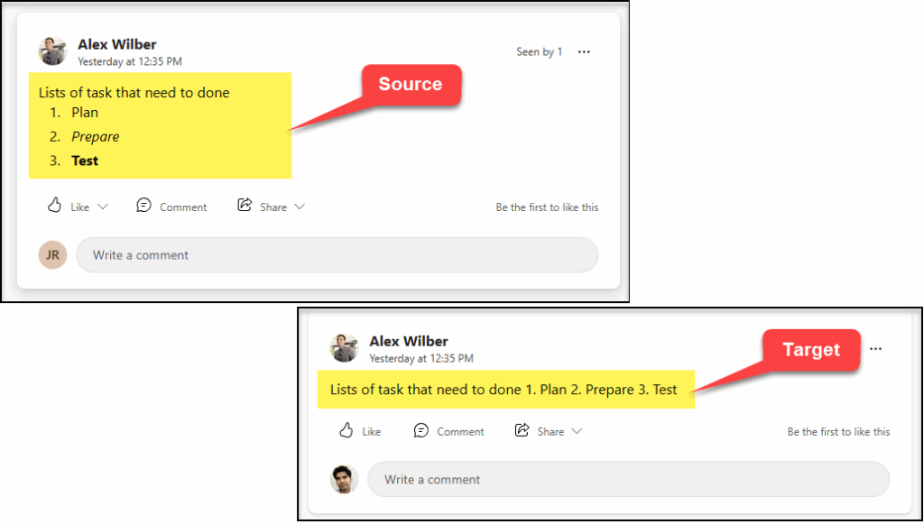 comparing ordered list in a Yammer post before vs. after migration, highlighting differences.