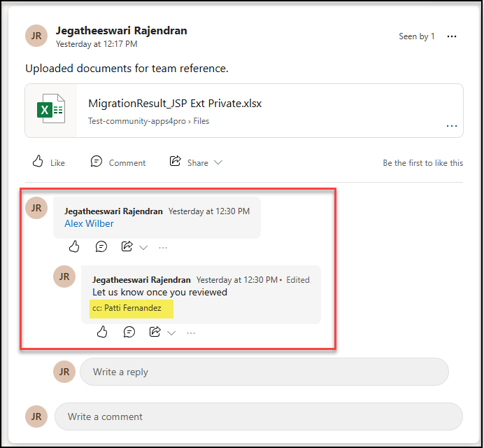 Posts with attachments and nested replies, CC in the source Viva Engage(Yammer) Community