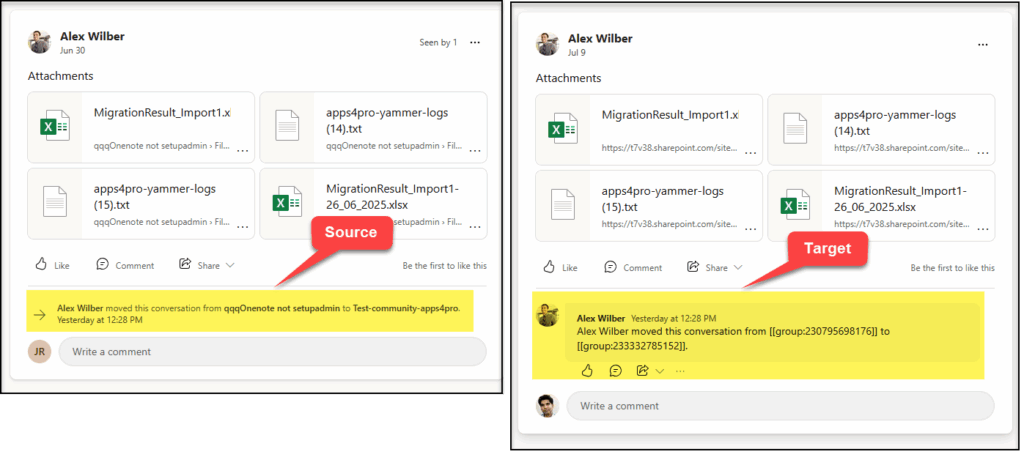 moved from another group, with a note that Moved Information is added as reply with Group names replaced with Group ID.