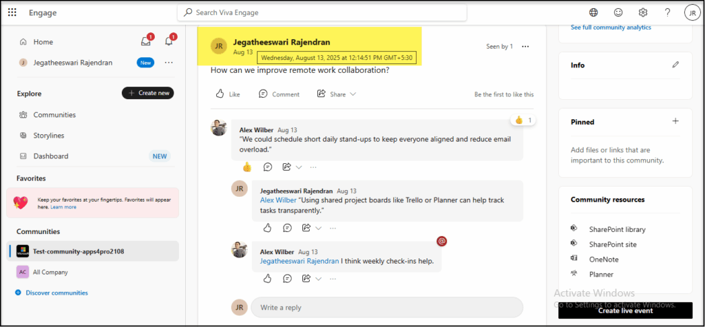 The same community post after migration to the target tenant, showing the mapped user’s name, date, and time preserved.