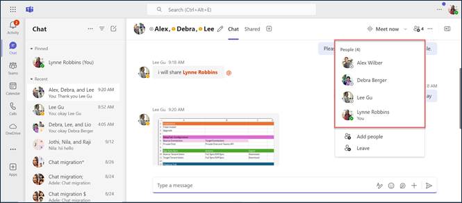 Microsoft Teams group chat conversation with participants in the source environment.
