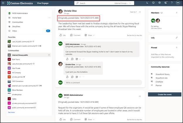 The same community post after migration to the target tenant, showing the original author’s name, date, and time preserved.