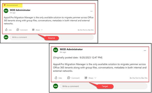 Yammer announcement in the source vs. the target tenant, illustrating that announcements migrate as normal posts.