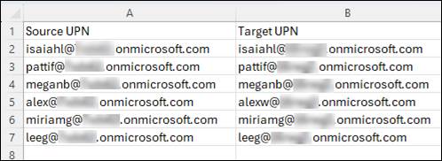 Example CSV file for user mapping in tenant-to-tenant Power BI migration.