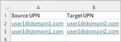 Sample CSV User mapping for tenant-to-tenant mailbox migration