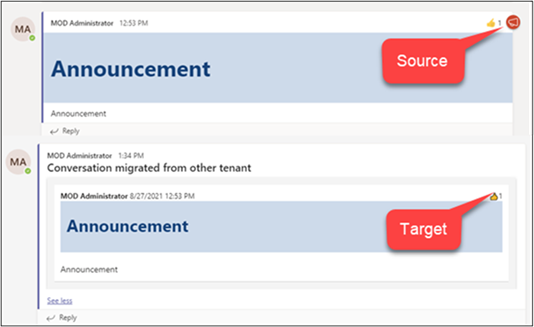 Comparison of an announcement message in Microsoft Teams, with the icon missing in the Target Tenant after migration.