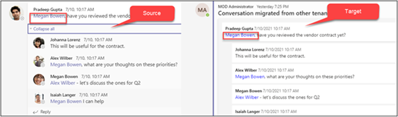 Microsoft Teams conversation showing @mentions migrated as text from Source to Target Tenant.
