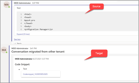 Microsoft Teams conversation showing code snippet migrated as attachment from Source to Target Tenant.