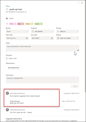 Task comment's view in target tenant.