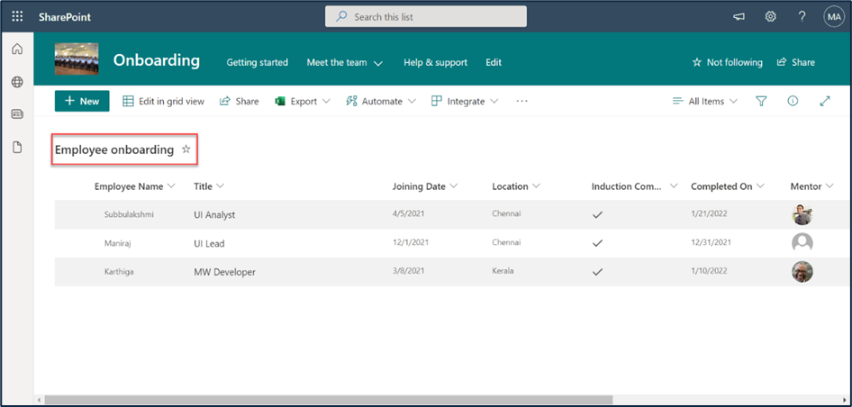 SharePoint list in the target tenant