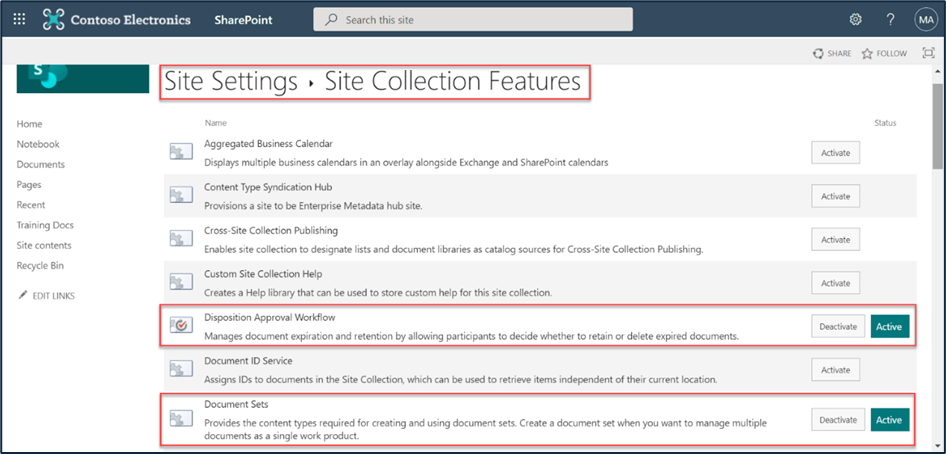 Site collection features in the source tenant