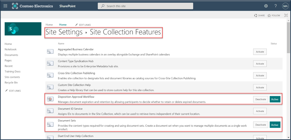 Site collection features in the target tenant