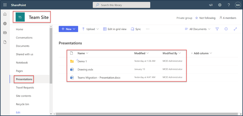 Microsoft SharePoint Online document library from the source environment