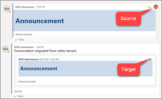 Comparison of an announcement message in Microsoft EDU Teams, with the icon missing in the target tenant after migration.