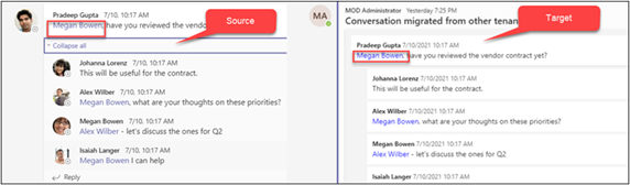 Microsoft EDU Teams conversation showing @mentions migrated as plain text from source to target tenant.