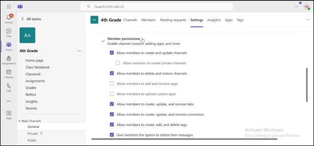 Microsoft EDU Teams settings in the target tenant