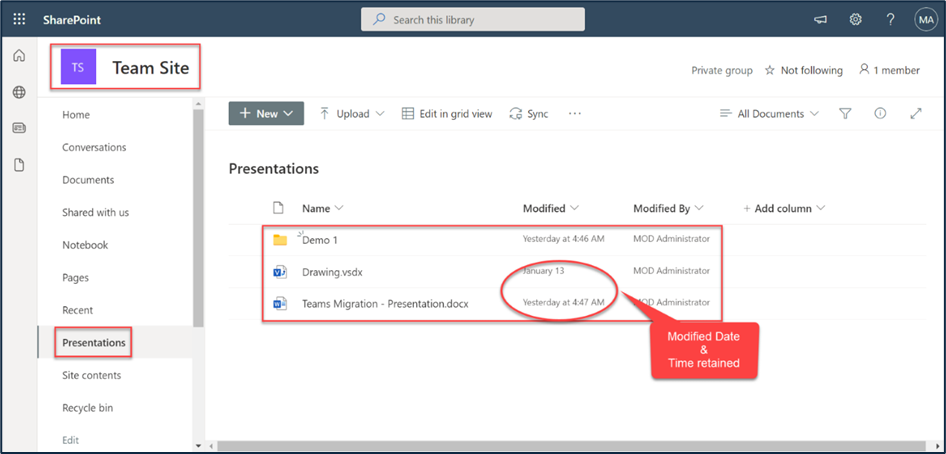 SharePoint Online document library in the Target environment