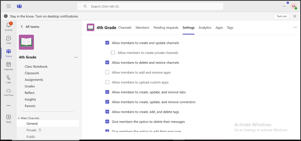 Microsoft EDU Teams settings in the source tenant