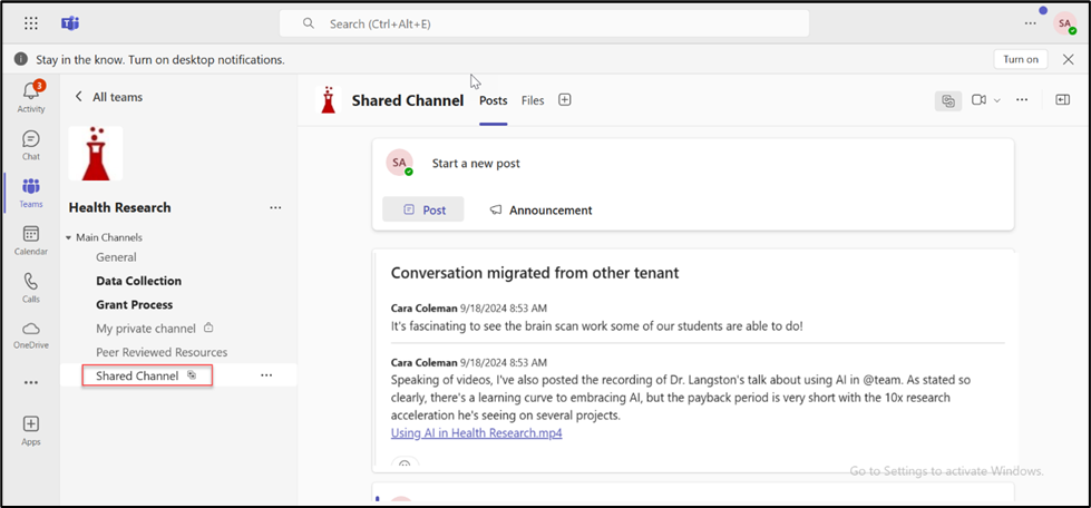 Microsoft EDU Teams shared channel in the target tenant