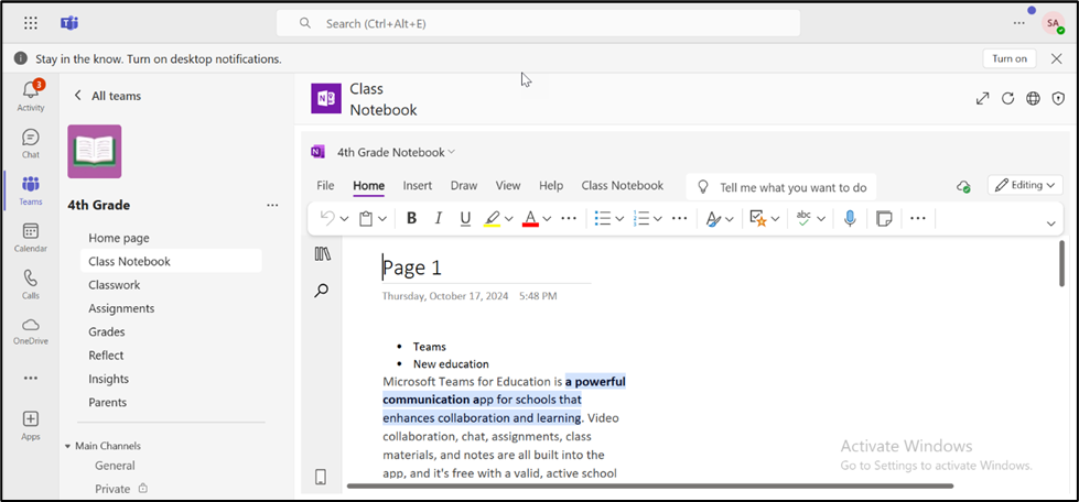 Microsoft Education Teams Notebook in the source