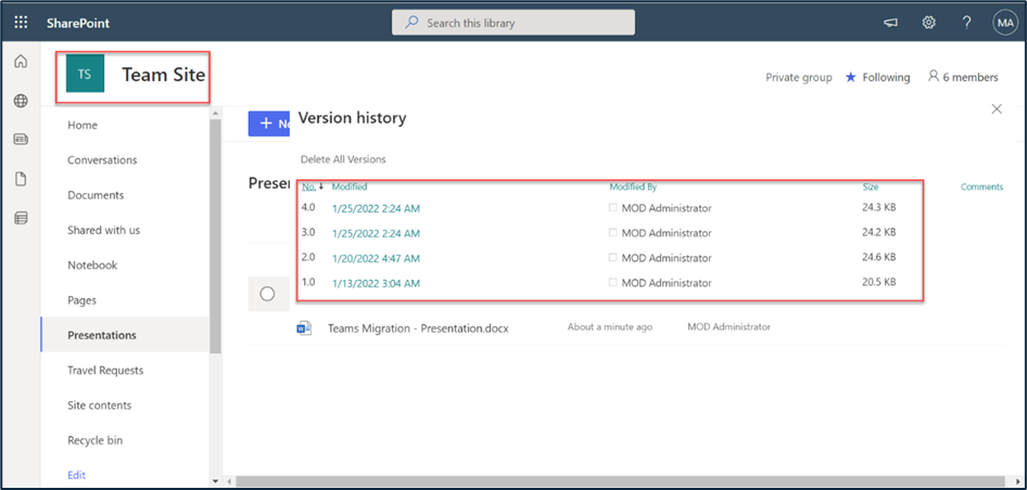 SharePoint version history in the source tenant.