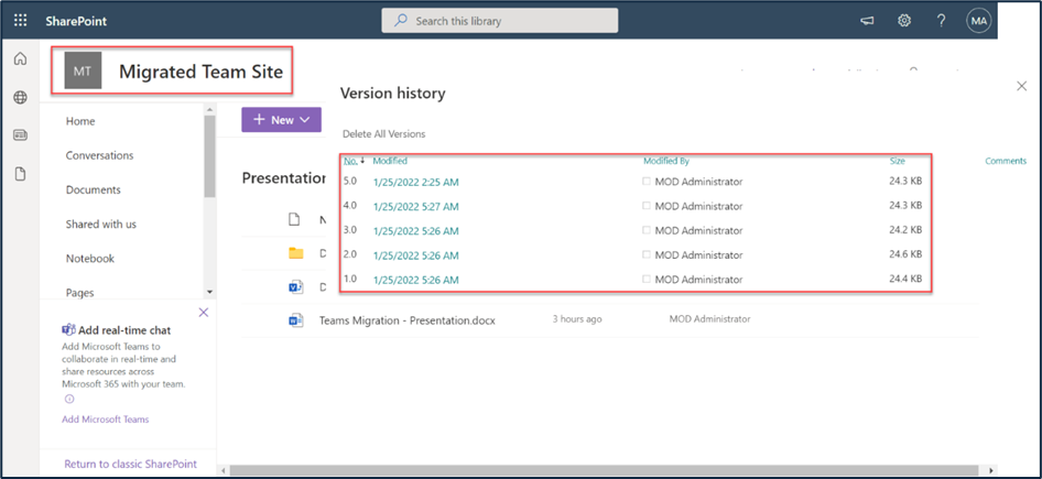SharePoint version history in the Target tenant
