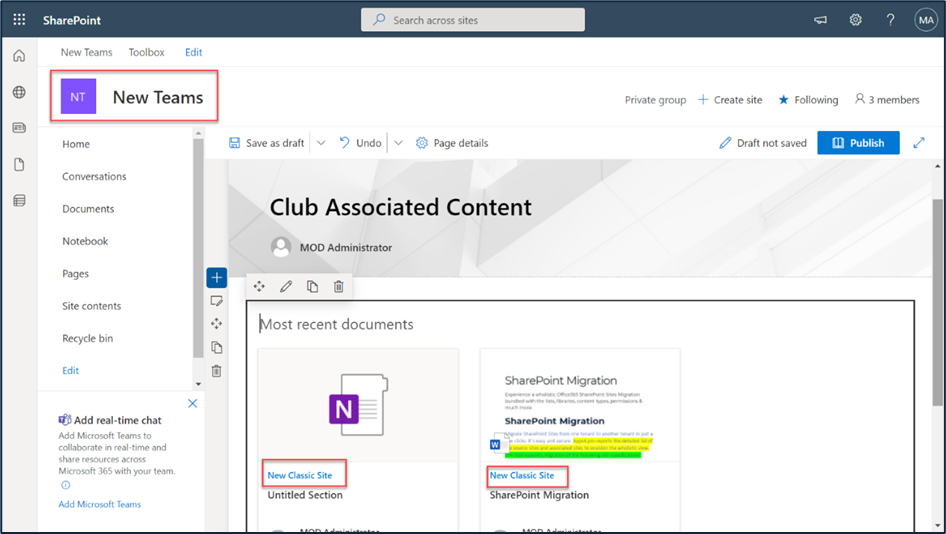 Hub site content view in the source tenant.