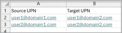 Sample CSV User mapping for tenant-to-tenant mailbox migration
