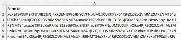 Example CSV file showing List of Forms IDs for Microsoft Forms Migration between Tenants.