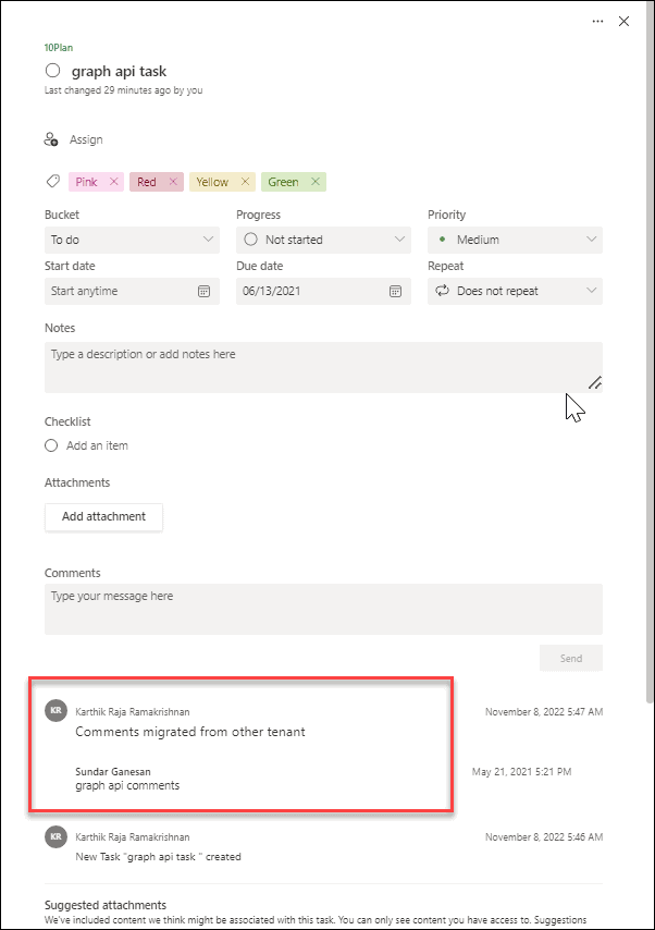 Task comment's view in target tenant.
