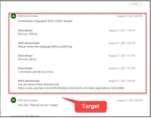 Comparison of comments in Microsoft Planner posted as HTML Format between the Source and Target Tenants after migration.