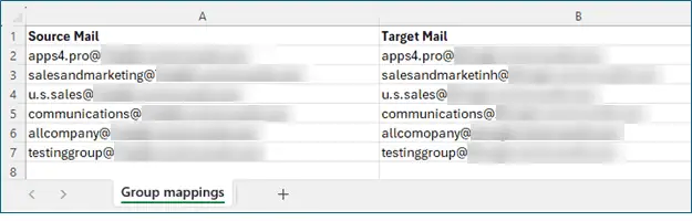 Example CSV file for group mapping in tenant-to-tenant Power BI migration.