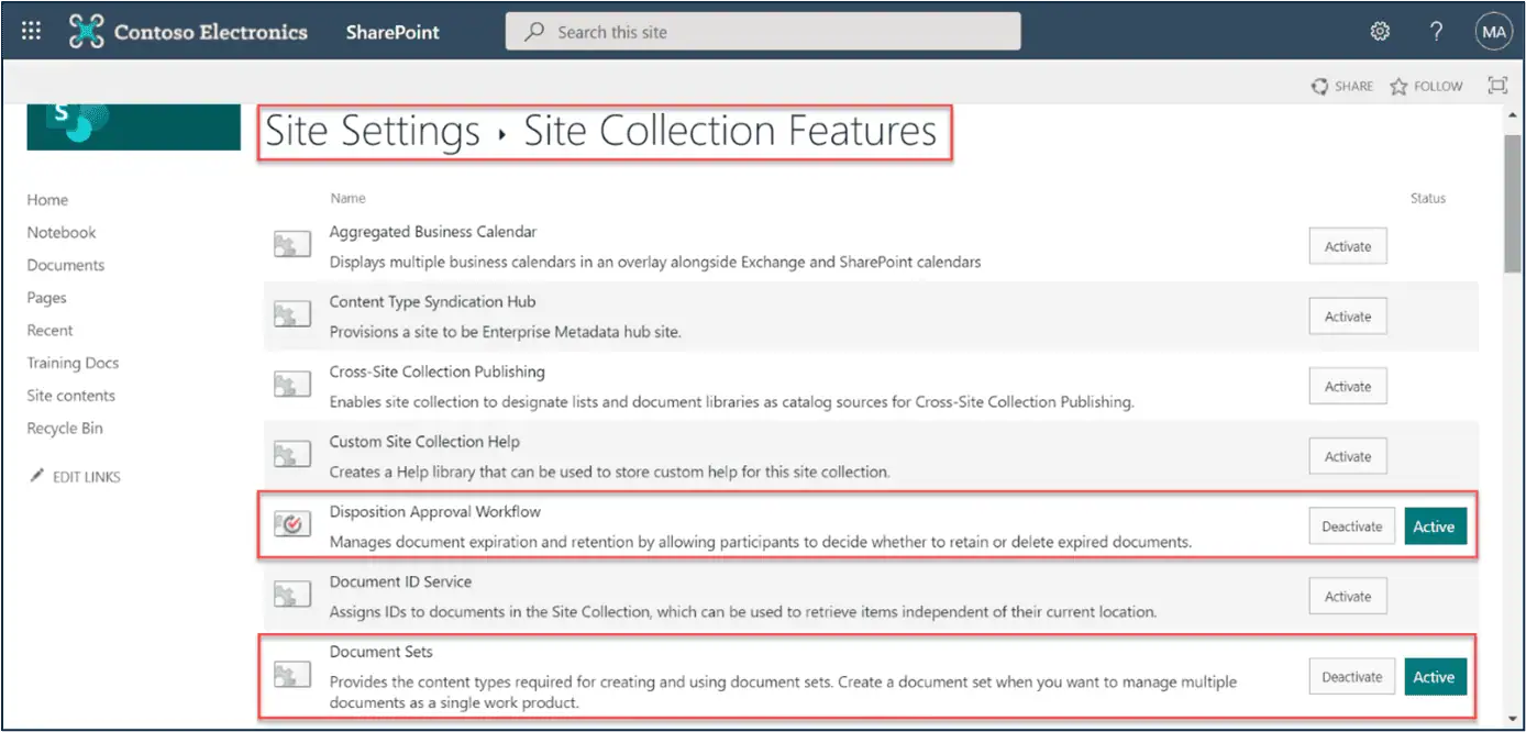 Site collection features in the source tenant