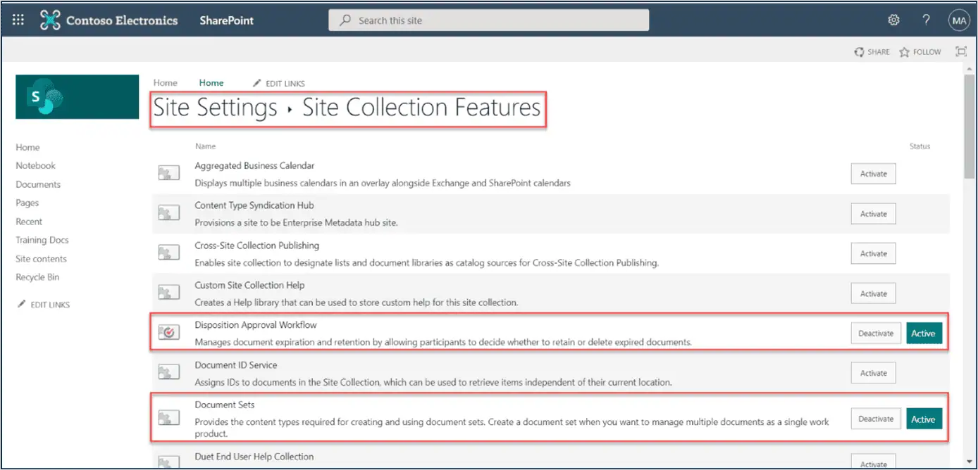 Site collection features in the target tenant