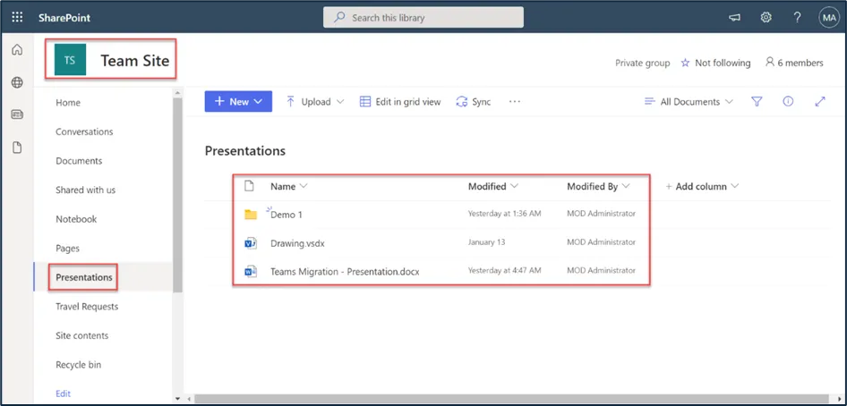 Microsoft SharePoint Online document library from the source environment