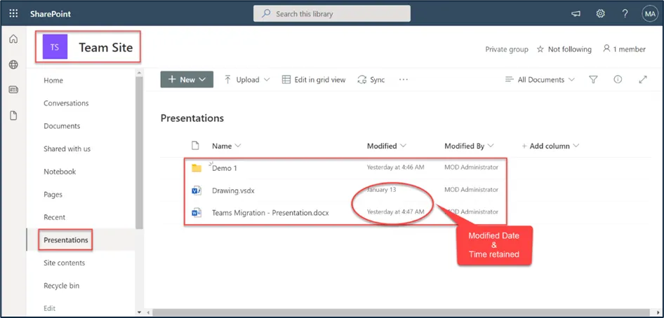 SharePoint Online document library in the Target environment
