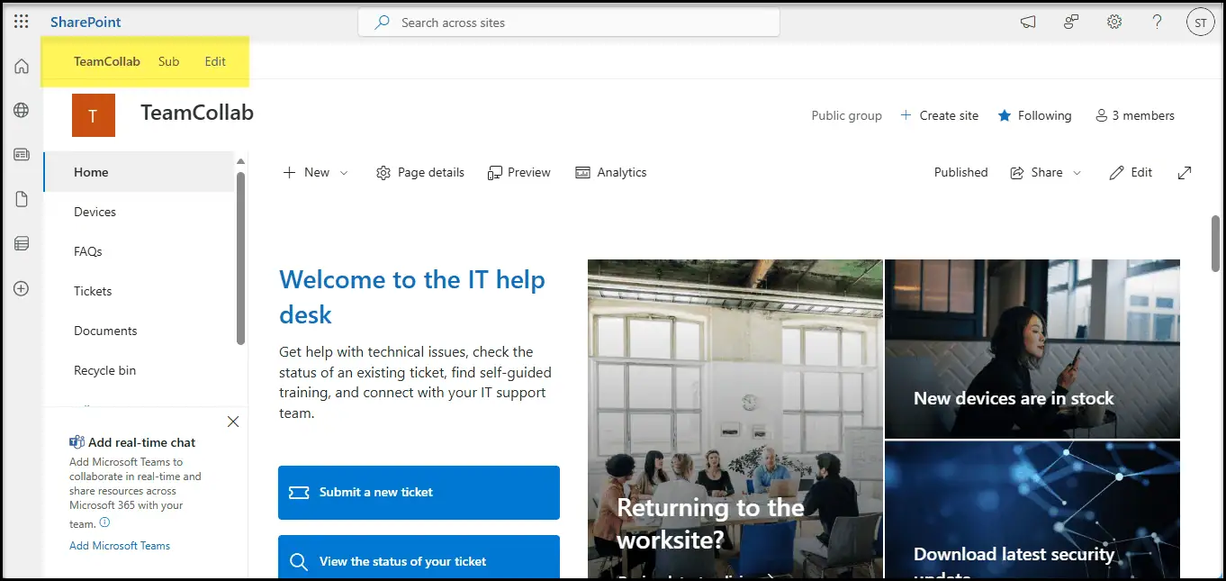 Hub site view in the source environment