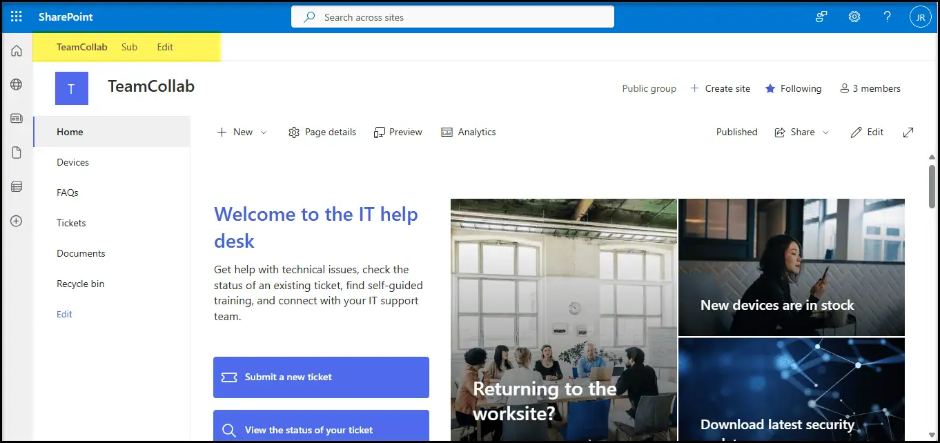 Hub site view in the target environment