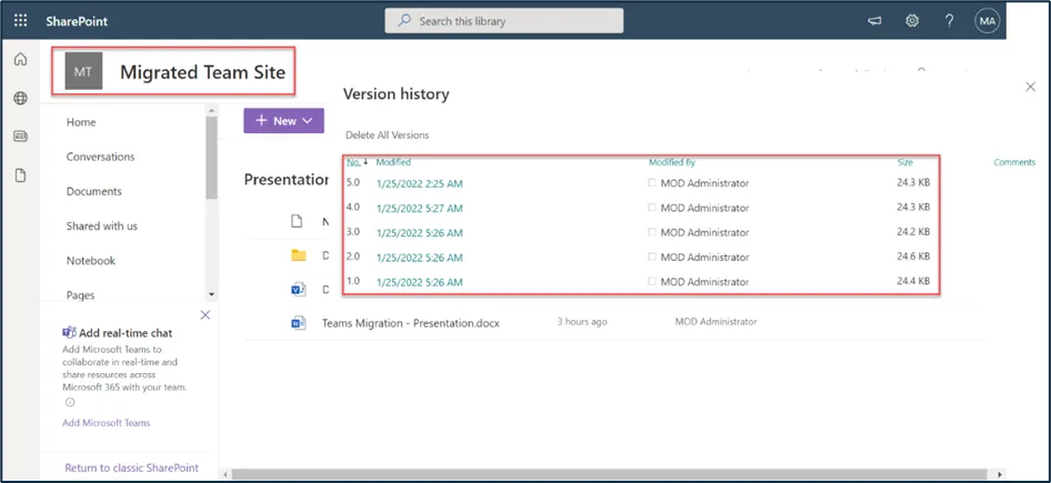 SharePoint version history in the Target tenant